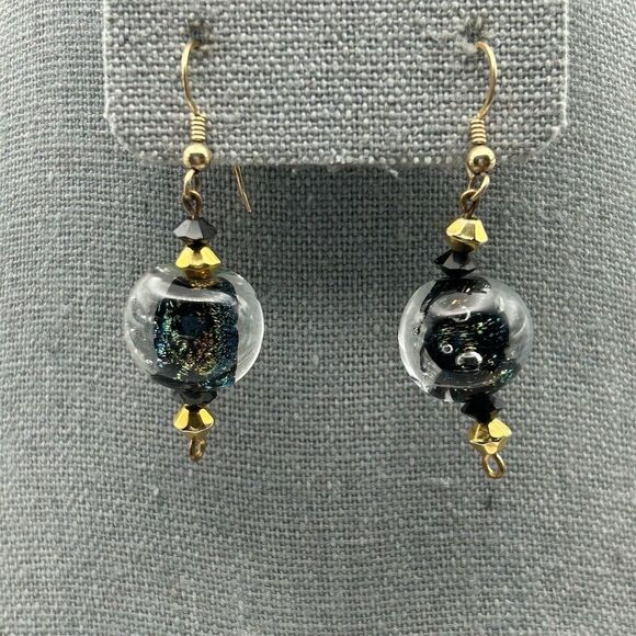 Black & Gold Tone Swirl Glass Marble Beaded Dangle Earrings Hook Handmade - Picture 6 of 8